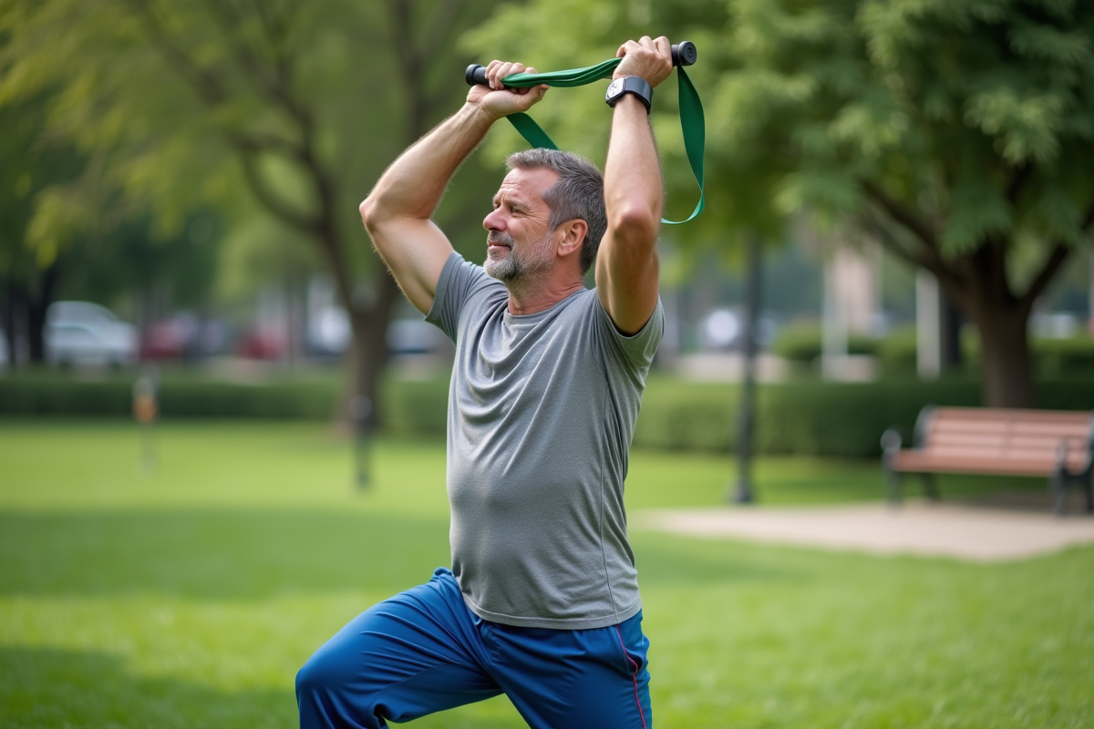 Homme faisant des étirements avec bande de résistance en plein air