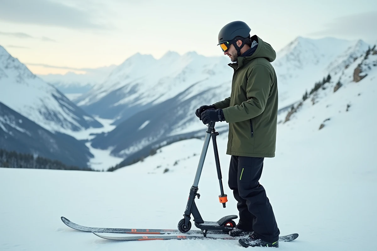 Homme adulte inspectant une patinette ski sur un plateau enneigé en montagne, équipé d'un casque et de lunettes de ski