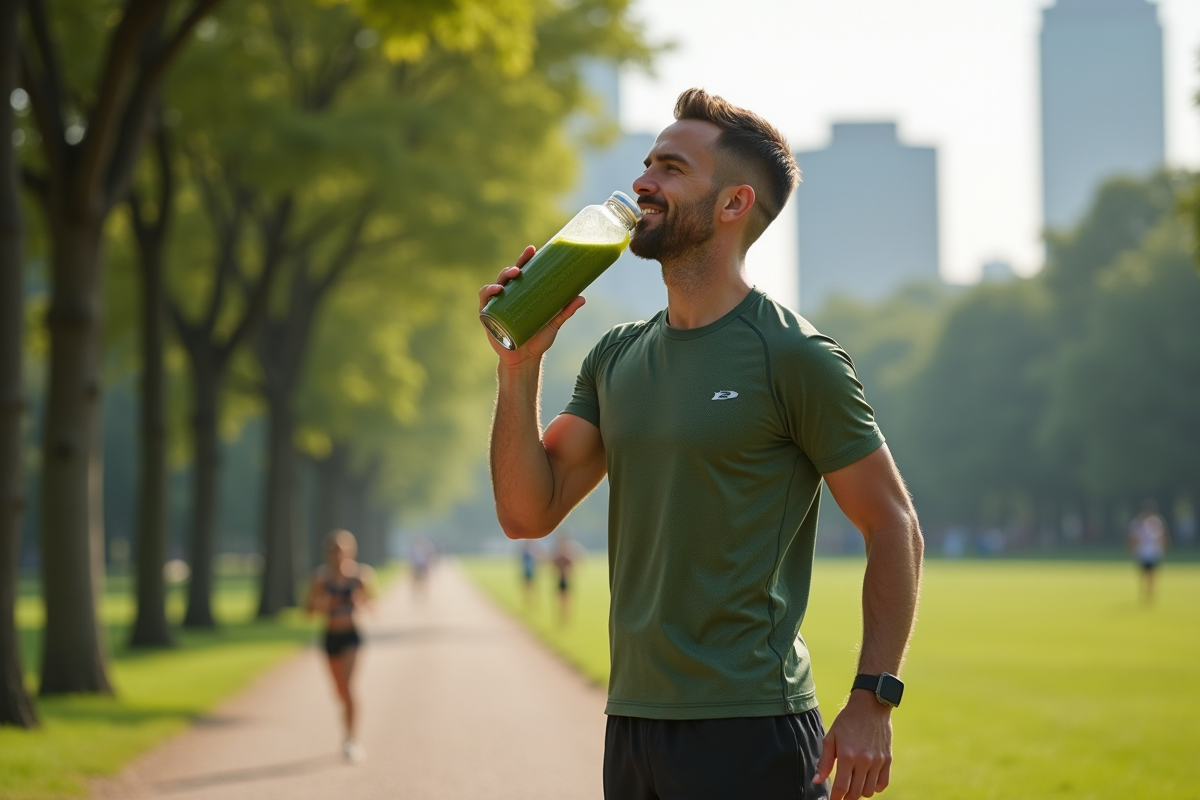 Homme athlète buvant un smoothie après course dans un parc urbain