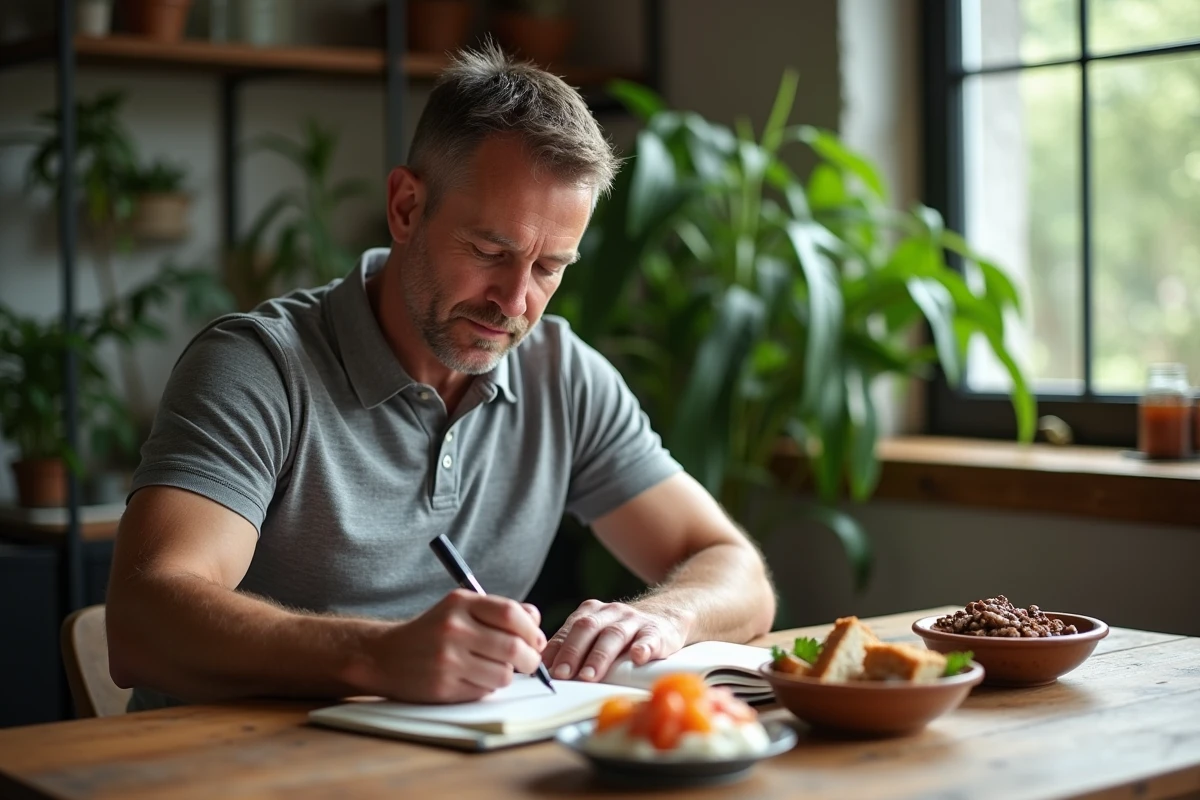 Homme notant son apport en protéines au repas rustique