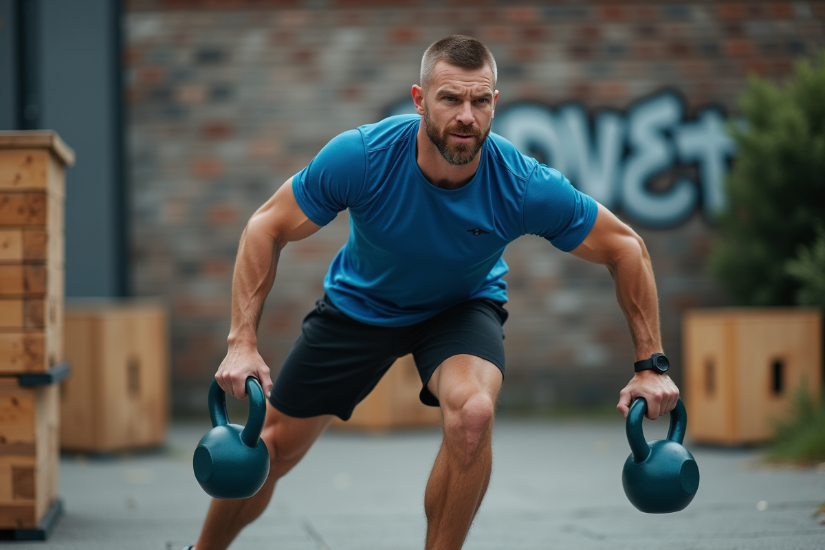 Homme en extérieur effectuant un swing de kettlebell dynamique