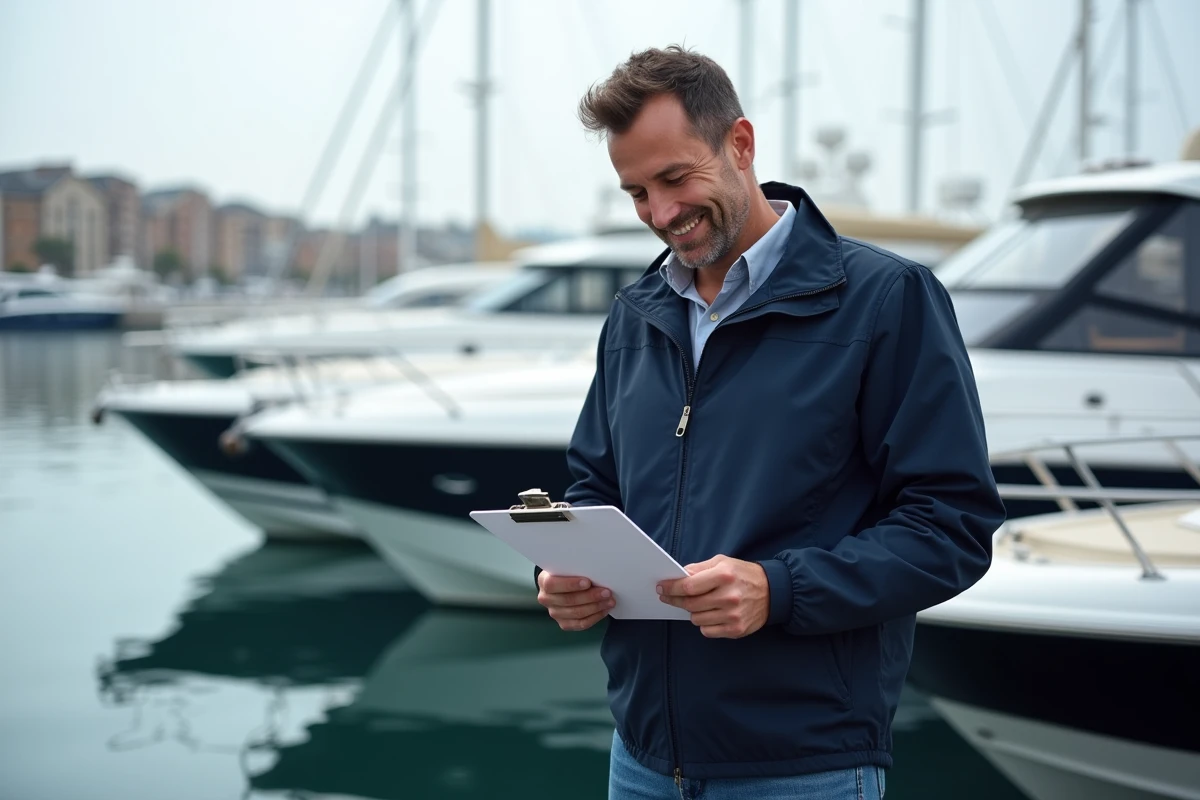 Homme d'âge moyen vérifiant une checklist nautique au port