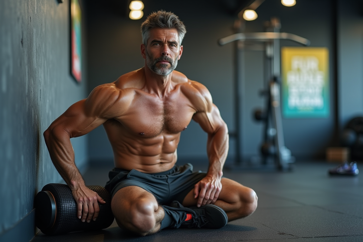 Homme utilisant un rouleau de massage dans une salle de sport moderne