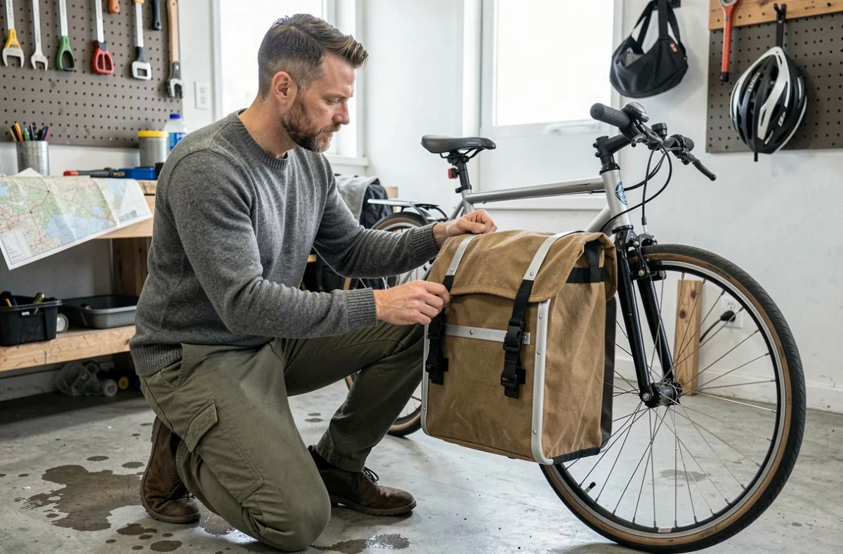 Homme présentant les clips réglables d'un panier vélo en toile dans un garage