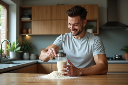 Jeune homme en cuisine verse poudre proteine dans une bouteille