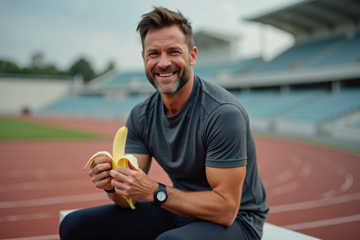 Homme assis sur un banc de stade en train de manger une banane
