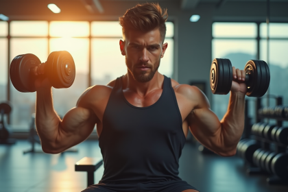 Jeune homme en entraînement avec haltères dans une salle lumineuse