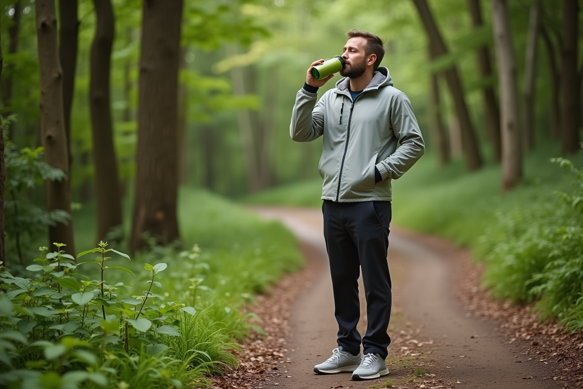 Homme en plein air buvant smoothie vert sur sentier