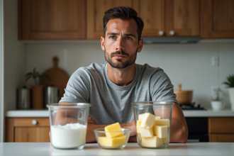 Homme sportif en cuisine examine cubes de sucre et beurre