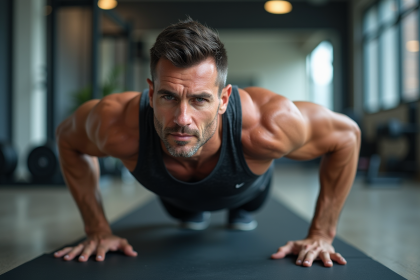 Homme en sport en position de planche dans une salle de sport