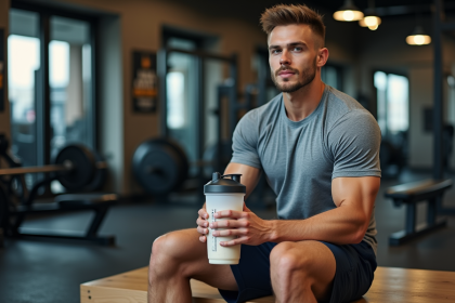 Jeune homme en salle de sport avec shaker protéine