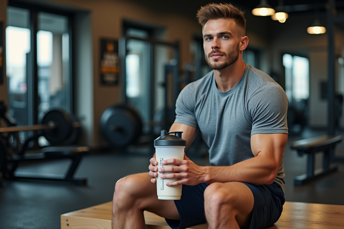Jeune homme en salle de sport avec shaker protéine