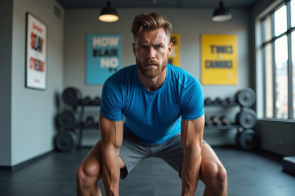 Homme musclé en train de faire un squat en salle de sport