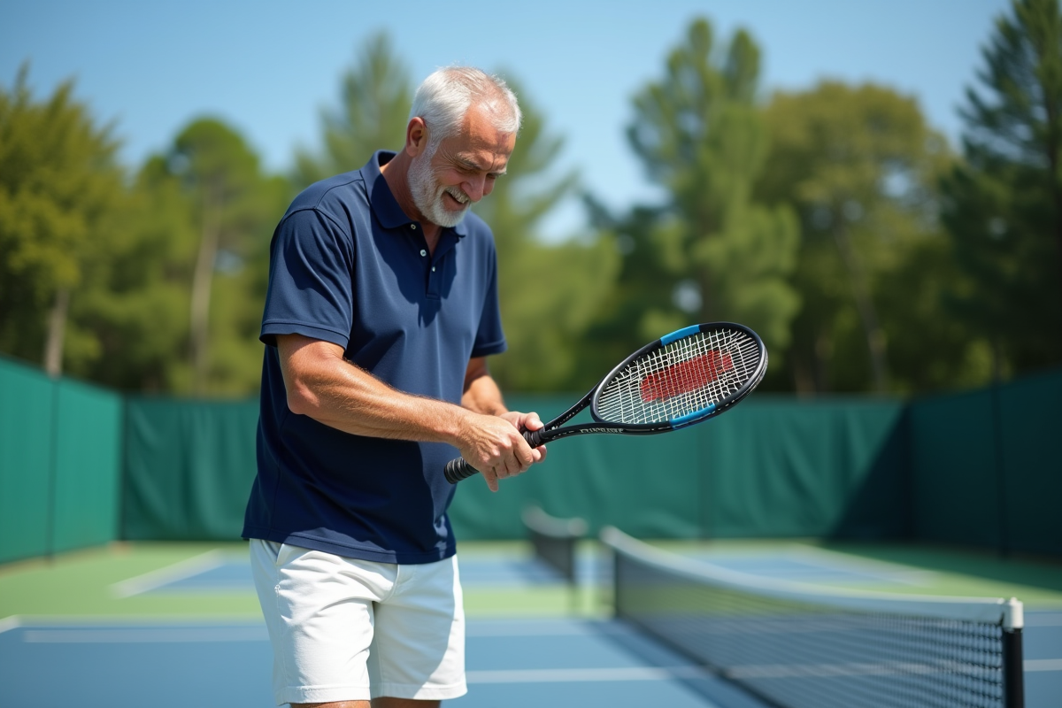 Homme testant une raquette sur un court de tennis extérieur