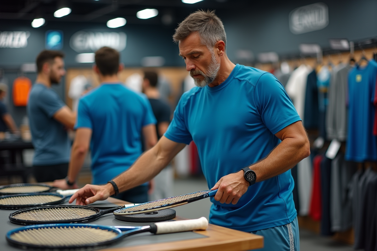 Homme évaluant des raquettes de tennis en magasin