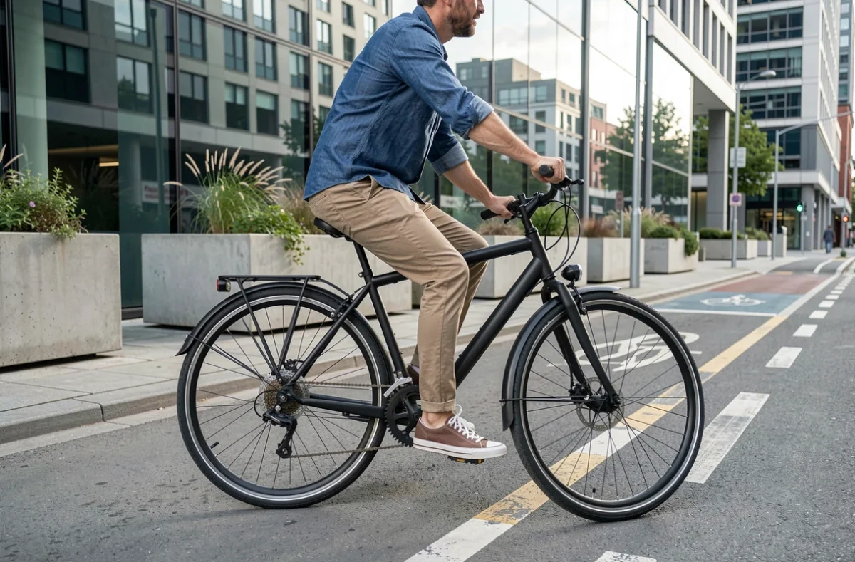 Homme posé sur un vélo urbain à frein à rétropédalage avec moyeu interne visible en ville