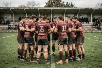 Joueurs de rugby en cercle tactique sur le terrain lors d'un match de Fédérale 3, maillots tachés de boue, ambiance authentique de club amateur français