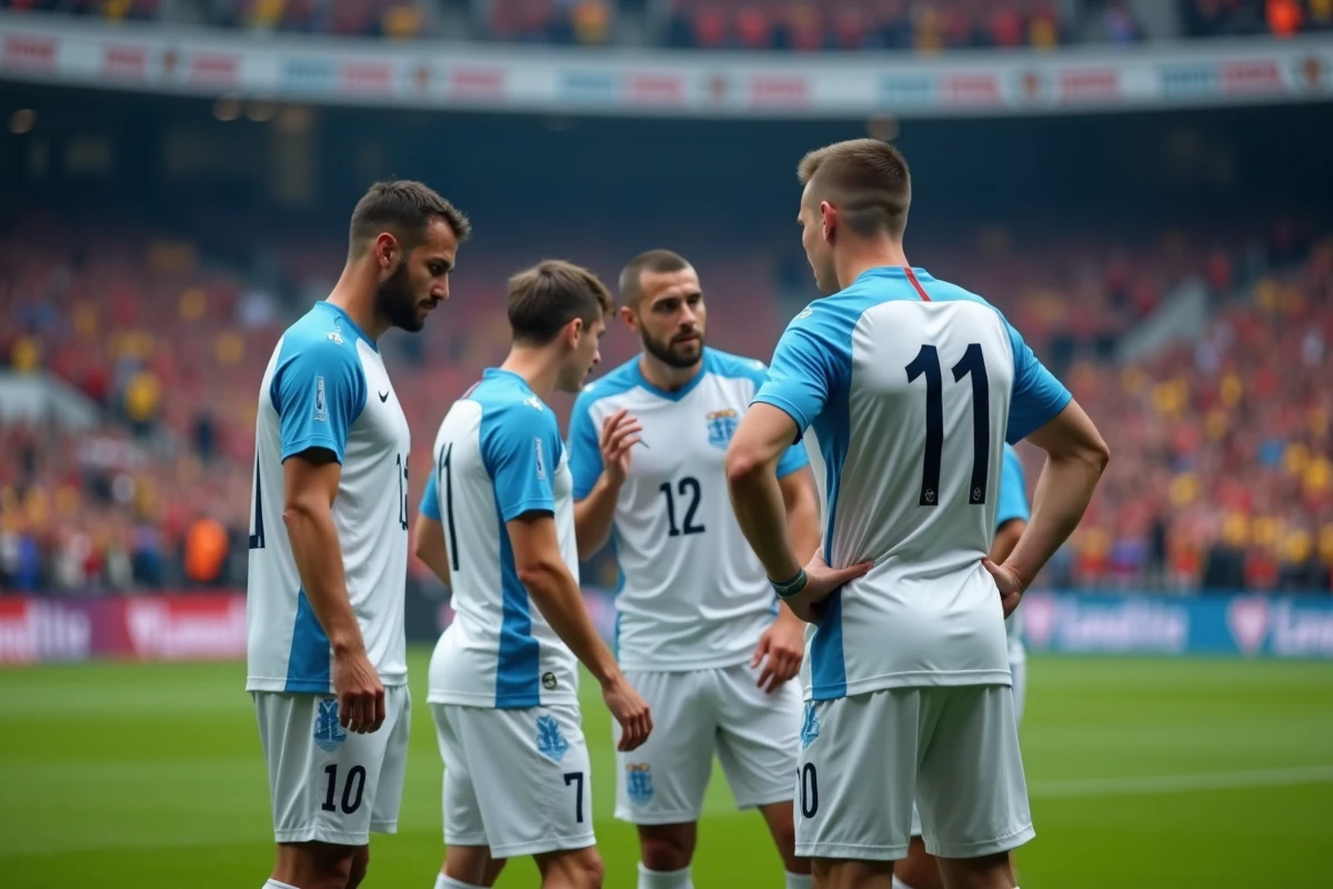 Groupe de joueurs de l'OM en discussion tactique dans un stade adverse lors d'un déplacement difficile