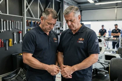 Ingénieur de Formule 1 en recueillement dans le garage silencieux d'une écurie après une perte marquante