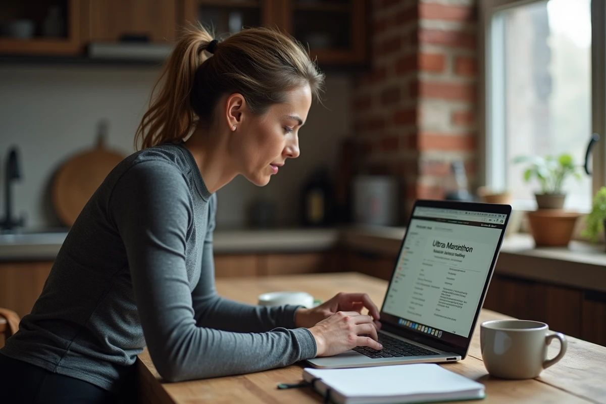 Femme traileuse consultant le site d'inscription de la Diagonale des Fous 2026 sur son ordinateur portable à la maison entourée de matériel de running
