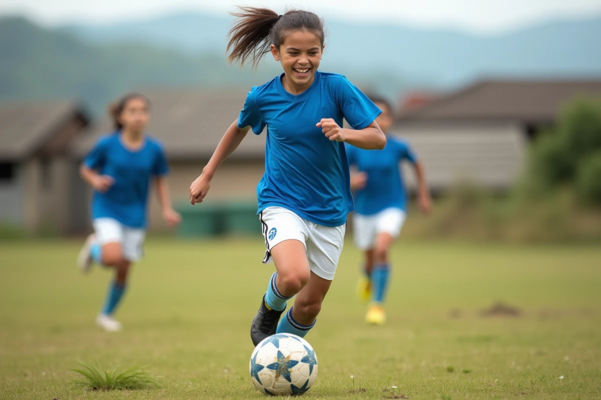 Jeune fille en action dribblant le ballon de football