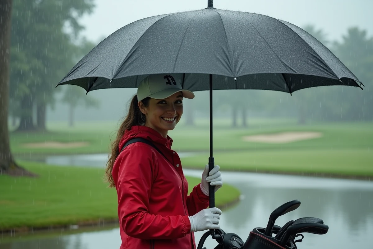 Jeune femme golfiste sous grand parapluie sur green