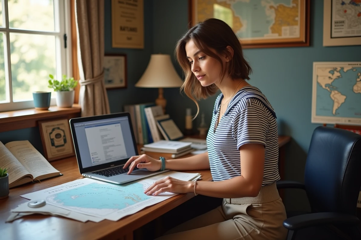 Jeune femme travaillant sur une carte maritime dans un bureau