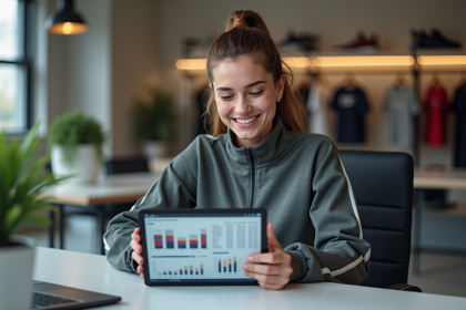 Jeune femme sportive travaillant sur une tablette dans un bureau moderne
