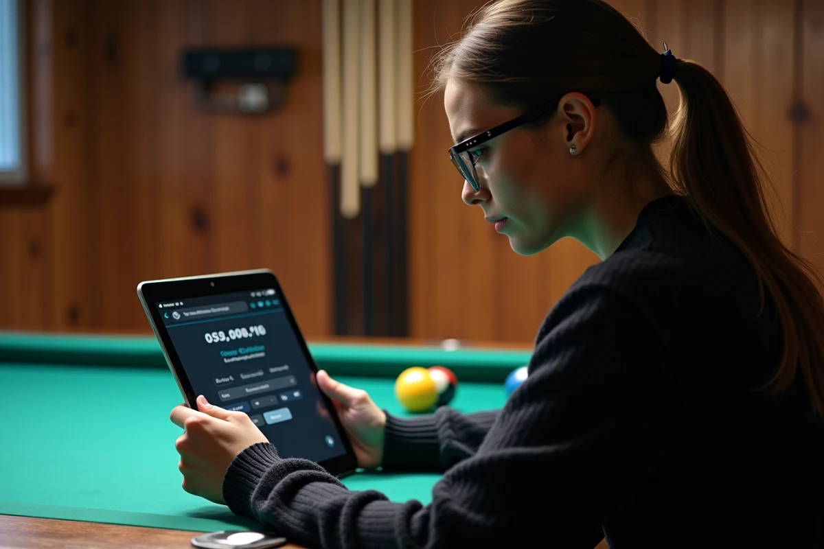 Jeune femme concentrée utilisant une calculatrice de billard sur tablette