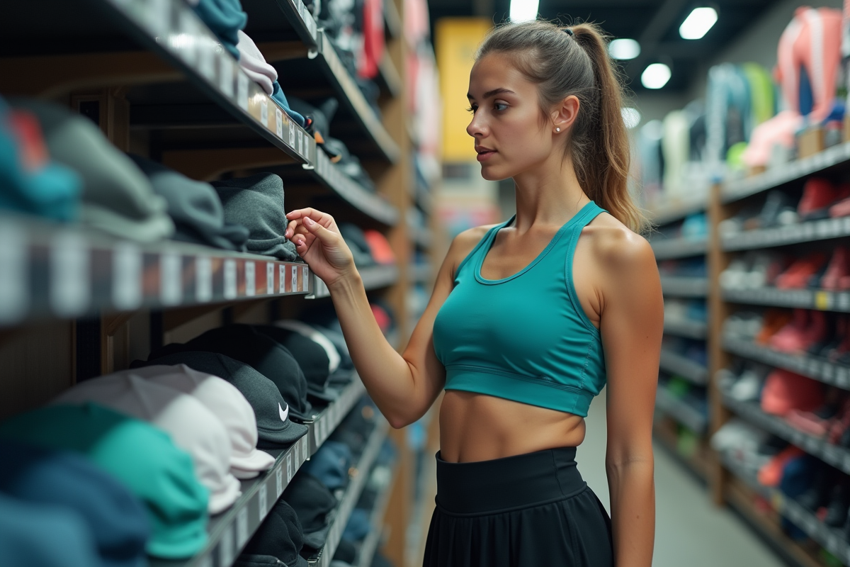 Jeune femme examine des raquettes de tennis en magasin