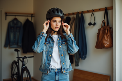 Jeune femme ajustant son casque de vélo à la maison