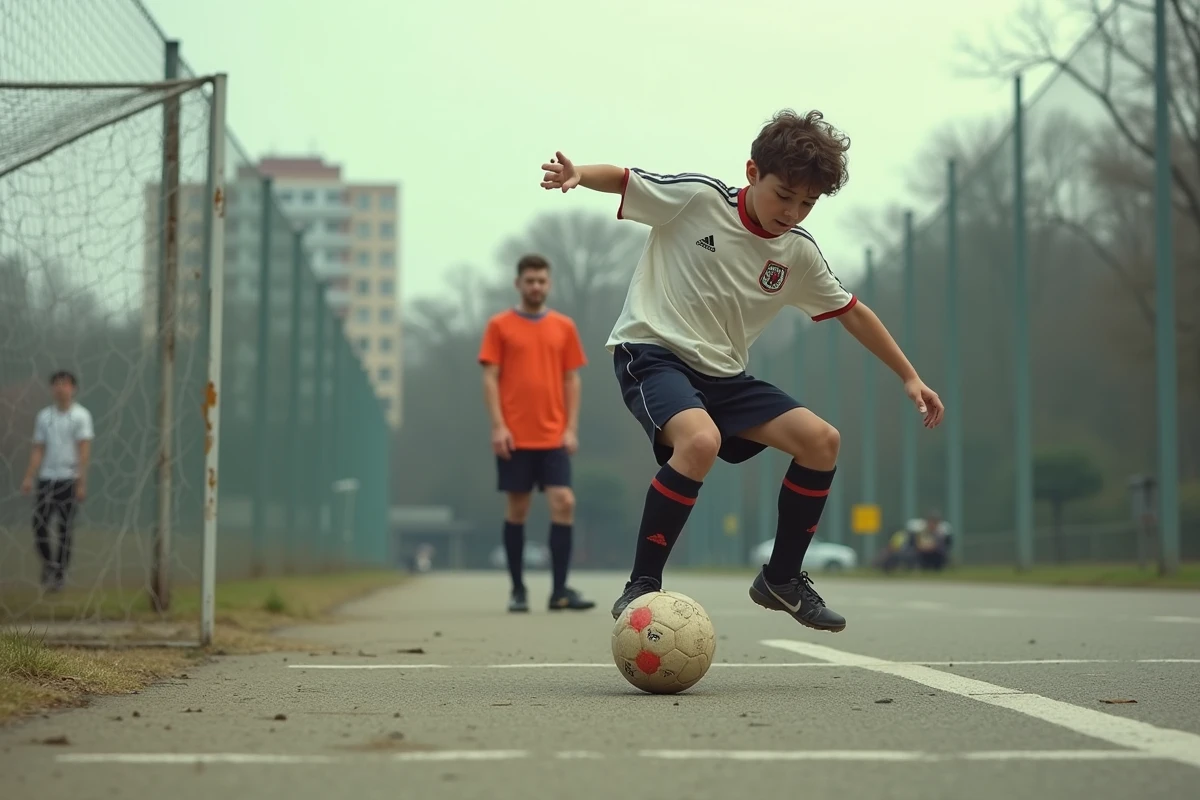 Jeune joueur de football vintage sur terrain urbain