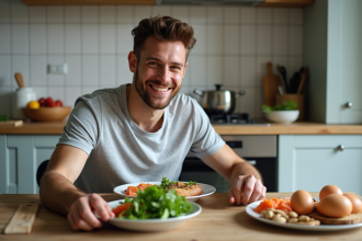 Jeune homme souriant préparant des aliments sains à la maison