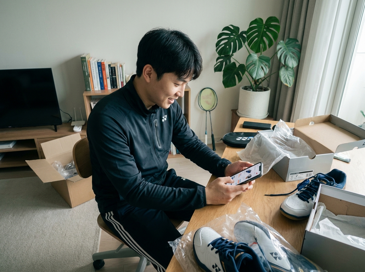 Jeune homme avec équipement de badminton et smartphone