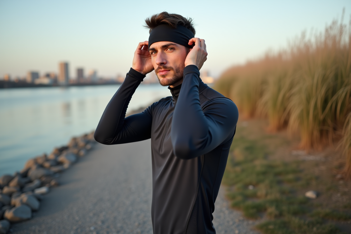 Jeune homme ajustant son bandeau avant sa course en ville