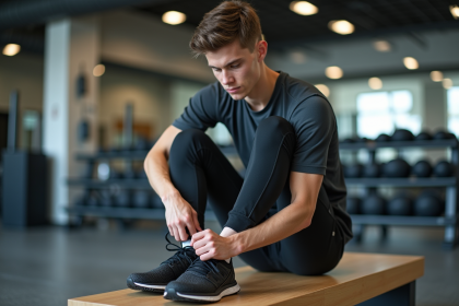 Jeune homme sportif en salle de sport en train de lacer ses chaussures