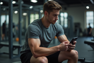 Jeune homme concentré sur son smartphone en salle de sport