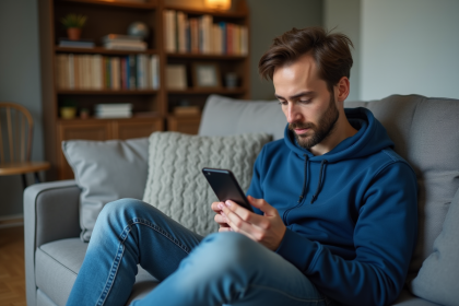 Jeune homme en hoodie bleu télécharge une application sur son smartphone dans un salon cosy