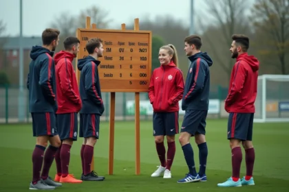 Groupe de jeunes athlètes autour d’un tableau de scores