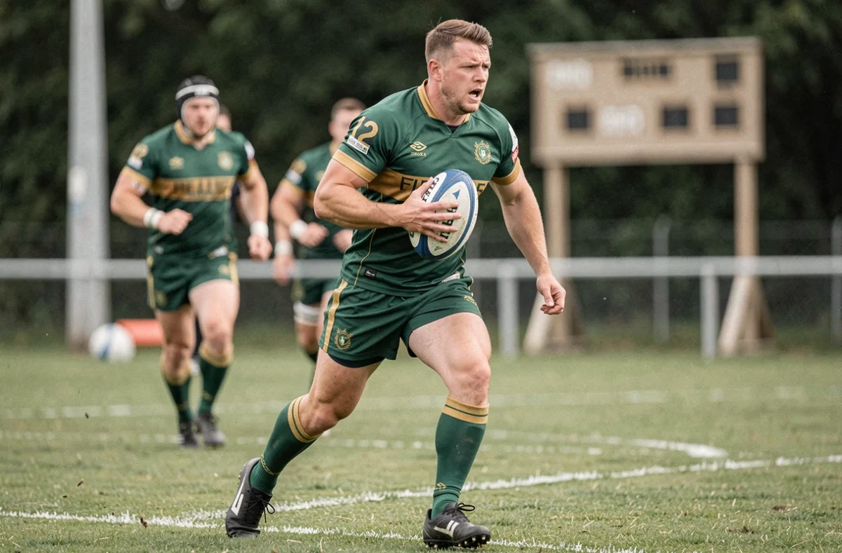 Joueur de rugby portant le ballon en pleine course lors d'un match de Fédérale 3, maillot vert et or numéro 12, ambiance de rencontre amateur sur terrain gazonné