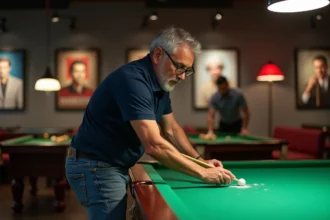 Homme d'âge moyen en polo bleu joue au billard dans un hall moderne