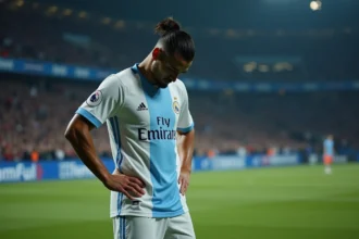Joueur de l'OM en maillot extérieur, tête baissée après une défaite lors d'un match à l'extérieur