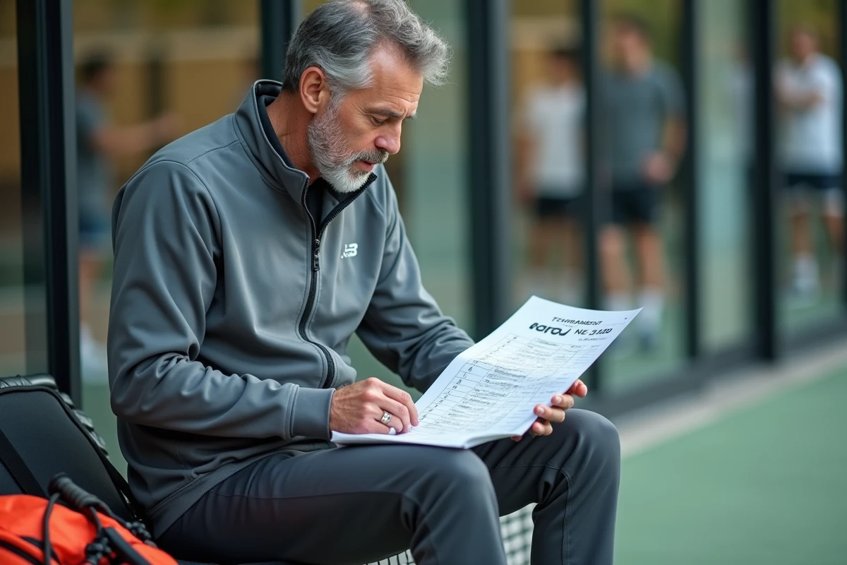 Joueur de padel vétéran analysant le tableau d'un tournoi P100 en bord de court, évoquant la stratégie de progression dans le classement padel amateur