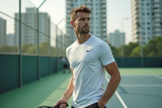 Joueur de padel concentré tenant sa raquette carbone sur un court extérieur, illustrant la progression rapide au classement grâce aux tournois P100