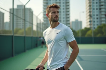 Joueur de padel concentré tenant sa raquette carbone sur un court extérieur, illustrant la progression rapide au classement grâce aux tournois P100