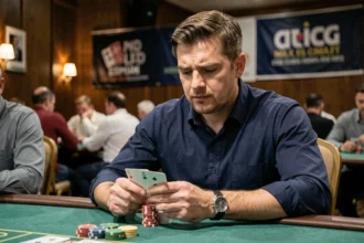 Joueur de poker concentré analysant ses cartes lors d'un tournoi, avec des jetons empilés devant lui dans une salle de casino