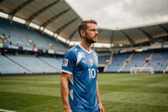 Joueur de l'équipe FC Porto en maillot bleu et blanc regardant les tribunes vides de l'Estádio do Dragão, symbolisant la relance de carrière