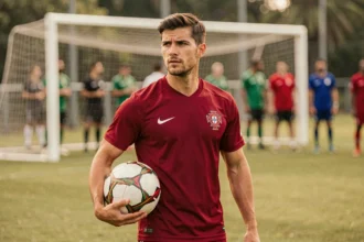 Joueur de l'équipe nationale du Portugal en maillot rouge tenant un ballon lors d'un entraînement avant la sélection pour la Coupe du Monde 2026