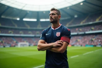 Joueur du PSG ajustant son brassard de capitaine sur la pelouse du Parc des Princes avant le Classique contre l'OM