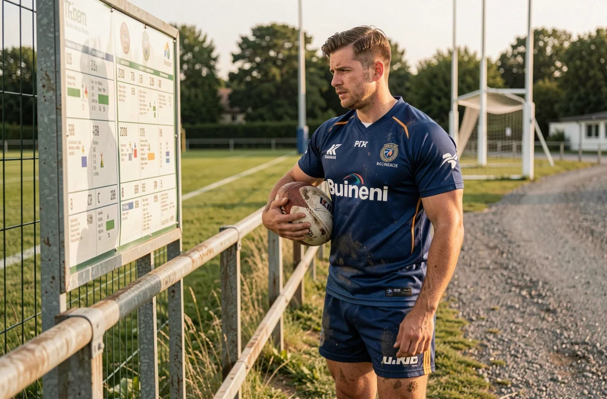 Joueur de rugby Fédérale 2 consultant le tableau tactique en bord de terrain lors d'un entraînement de club